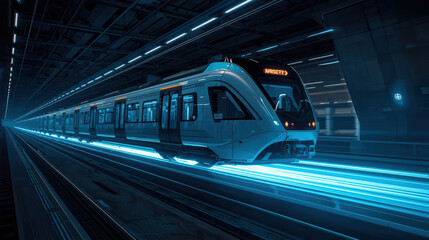 Fototapeta premium Futuristic train floating above illuminated tracks with glowing magnetic field
