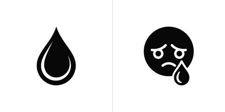 Sad crying face icon with falling tear drop symbol graphic design