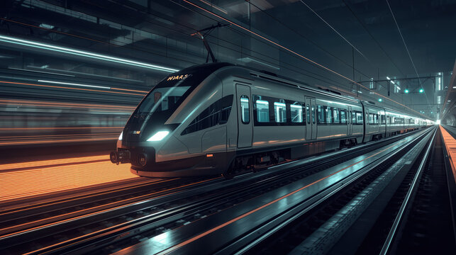 Modern high speed train gliding through illuminated underground station with motion glow