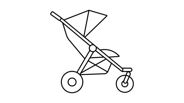 Minimalist black line vector icon of a folding baby stroller or pram on a white background. This scalable SVG illustration features an editable stroke for customizable line weight and thickness.