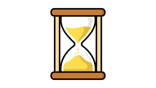 Modern Flat Vector Illustration of a Classic Wooden Hourglass with Yellow Sand Falling, Representing Time Management, Deadlines, and Waiting, Editable Stroke Icon on a White Background.