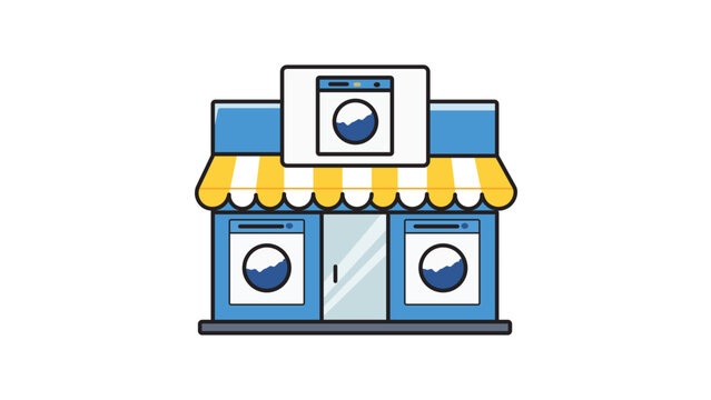 Laundromat Storefront Editable Stroke Vector Icon. A modern flat illustration of a laundry shop with washing machines, a striped awning, and a clean blue facade on a white background.