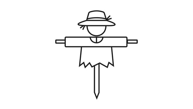 Scarecrow Minimalist Black Line Vector Icon Illustration on White Background. Simple Stick Scarecrow with Hat and Tattered Shirt for Farm and Autumn Designs. Editable Stroke Vector Graphic.
