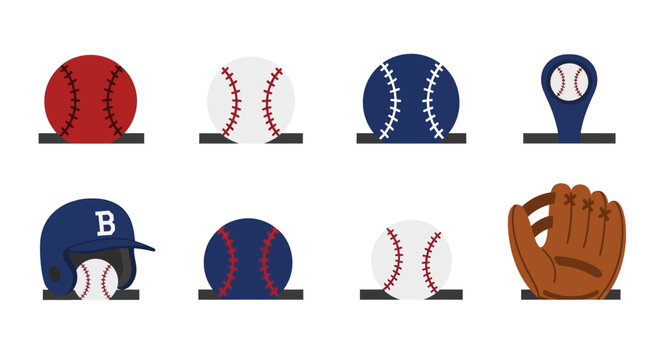 Baseball Equipment Icons: Balls, Helmet, Glove, and Marker on White Background