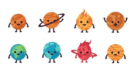 Cute Cartoon Planets and Celestial Bodies with Faces, Vector Illustration © Diplomat