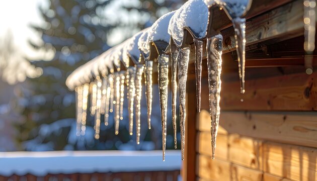 A snowy rooftop with icicles hanging from the edge