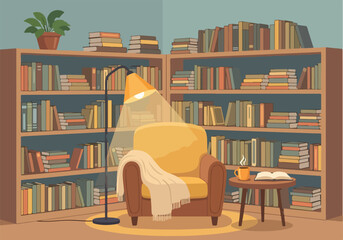 Cozy reading nook with bookshelves and warm lighting © Tolhah
