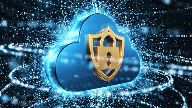 Cloud, security, shield, protection, technology, blue, gold, cybersecurity, data 4k video ai