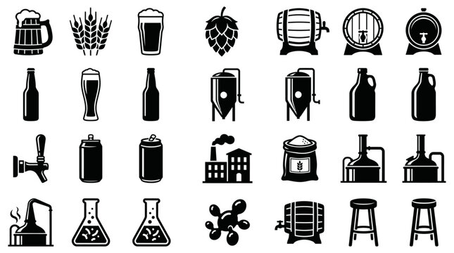 Extensive vector silhouette collection depicting brewing process stages and craft beer elements