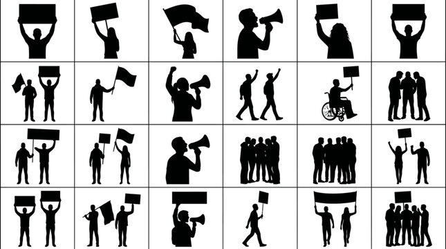 Protest demonstration silhouette collection with banners, megaphones and signs