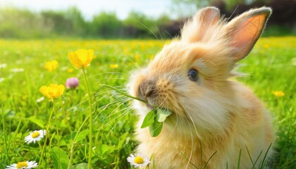 Fototapeta premium Fluffy Bunny Rabbit Eating Fresh Green Grass Amidst a Blooming Meadow in Soft Sunlight