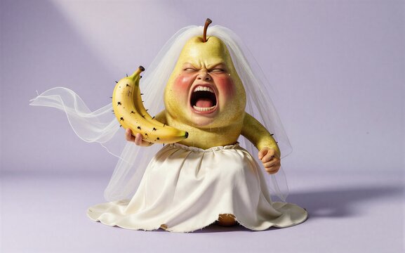 A pear in a wedding dress screams holding bananas with angry