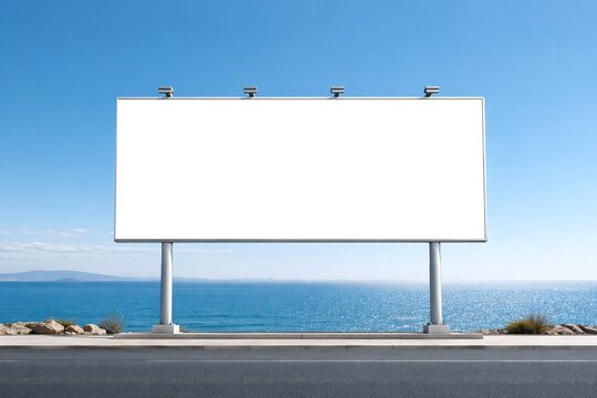 Large Blank Horizontal Billboard Mockup on a Coastal Highway Road with Blue Ocean and Clear Sky Background, Outdoor Advertising Signage Template with Spotlights and Asphalt