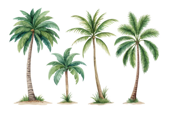 Watercolor Palm Tree Icon, Tropical Nature Clipart, Isolated on White background