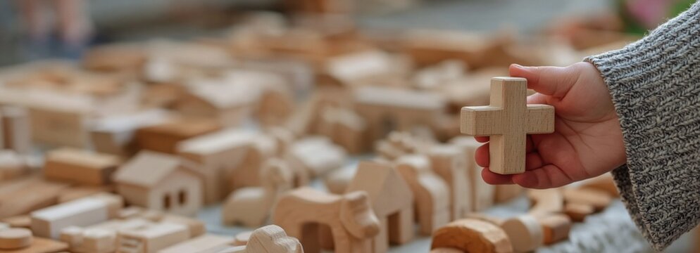 Hand holds wooden cross over table filled with various carved wooden figures and miniature houses. High quality photo