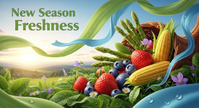 A cornucopia filled with fresh, vibrant fruits and vegetables, including strawberries, 