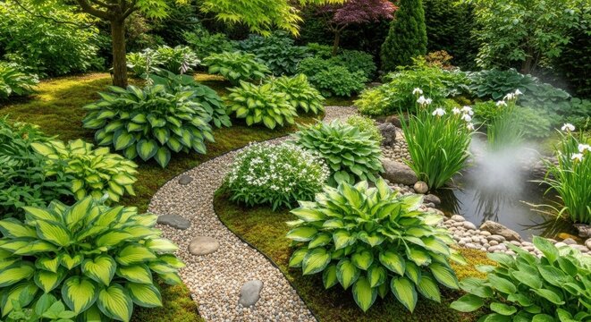 A lush garden with a winding path, a pond, and various plants and flowers, including hostas and irises, set against a backdrop of trees and shrubs.