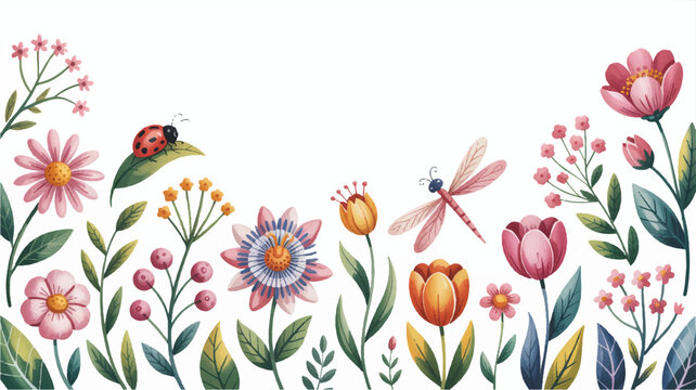 A whimsical watercolor-style floral border with ladybug and dragonfly illustration