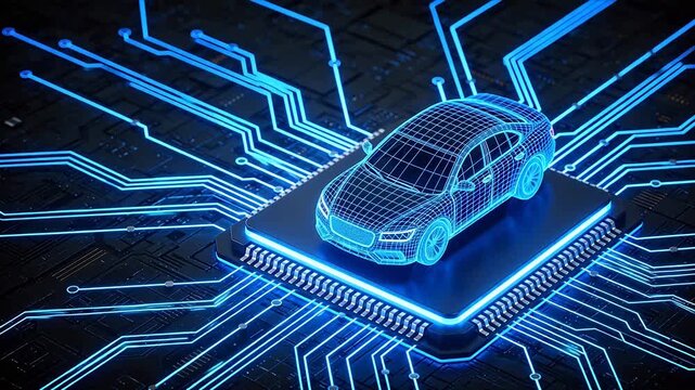 Wireframe car on circuit board