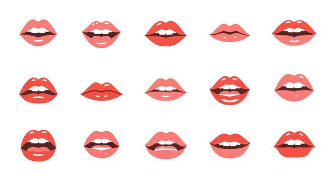 Vibrant collection of stylized female lips in various shades of red and pink, each illustrating a unique expression and mouth shape. Perfect for beauty, fashion, and communication designs