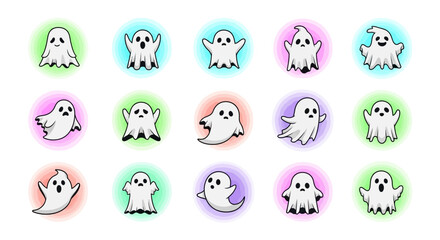Obraz premium Collection of cartoon ghosts on colorful backgrounds, cute and spooky characters for Halloween celebrations and designs