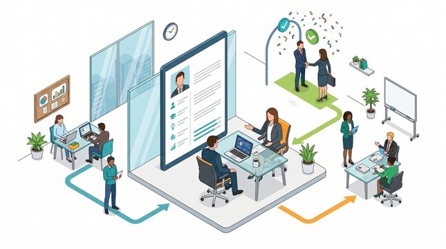 Isometric illustration of HR recruitment and job interview process