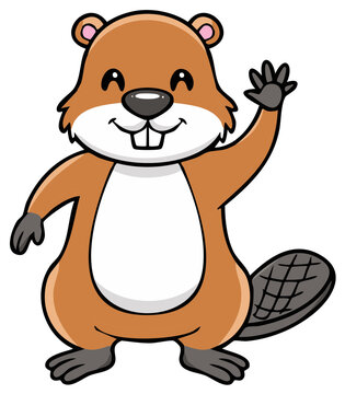 Cute cartoon beaver waving hello with a friendly smile and buck teeth