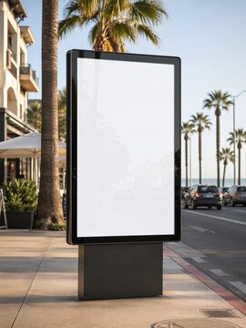 Blank Vertical Billboard Mockup on Urban Coastal Sidewalk with Palm Trees and Caf&eacute; Umbrellas, Outdoor Signage Poster Stand on City Street with Blurred Traffic Background in Sunny Daylight