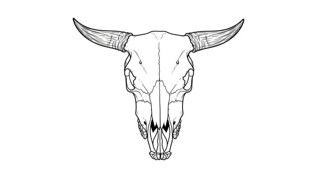 An illustration of a bull skull with horns on a white background.