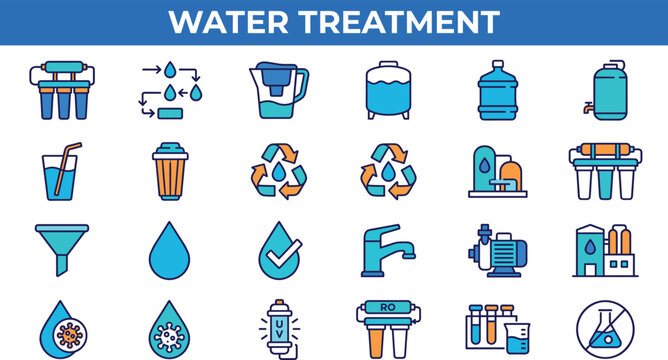 Water treatment icon set featuring filtration purification recycling desalination and clean water processing systems colorful vector collection