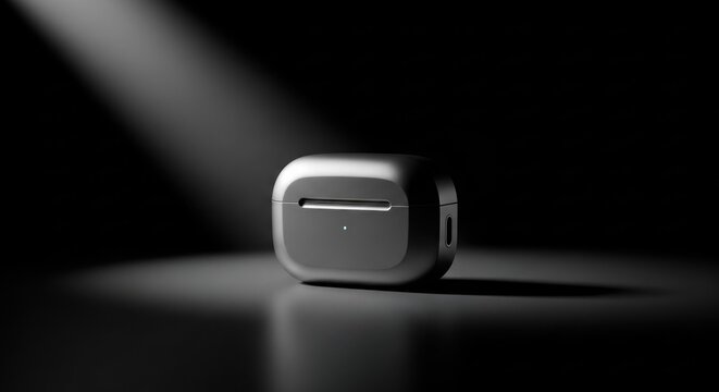 A sleek, metallic AirPods Pro case with a minimalist design, placed on a dark surface with a spotlight casting light on it.