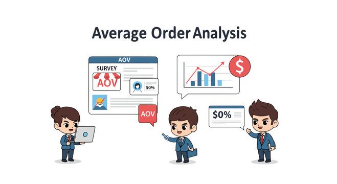 Average Order Value analysis with business people and charts, concept for sales growth