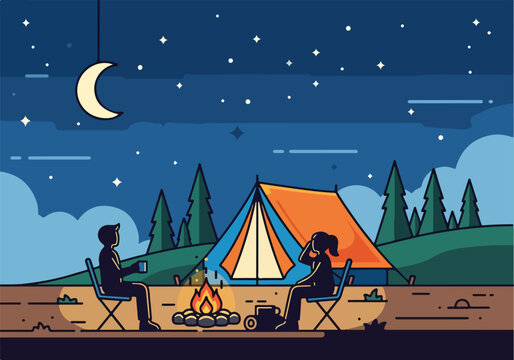 A nighttime campsite with a tent and two people