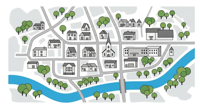 Aerial view of a small town map with a river.