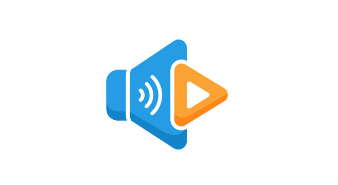 Blue speaker icon with orange play button on white background, digital media concept