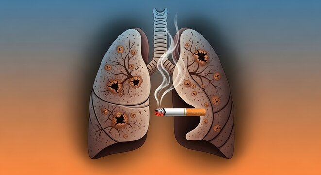Smoking damages lungs with cigarette burn