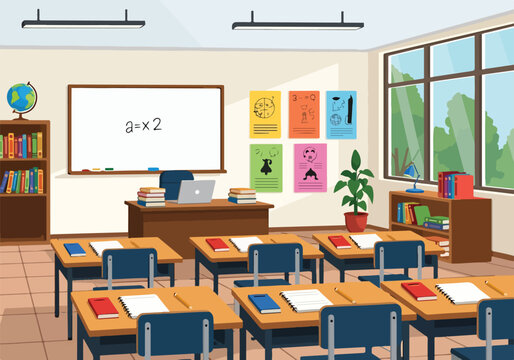 A cartoon-style illustration of an empty classroom