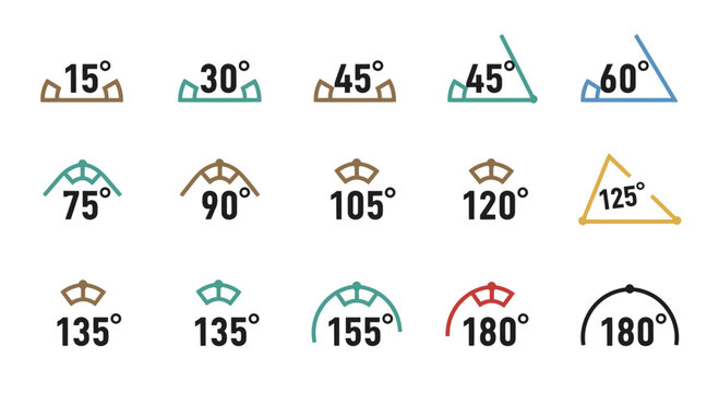 Collection of Angles and Degrees Illustrated with Geometric Shapes and Arcs
