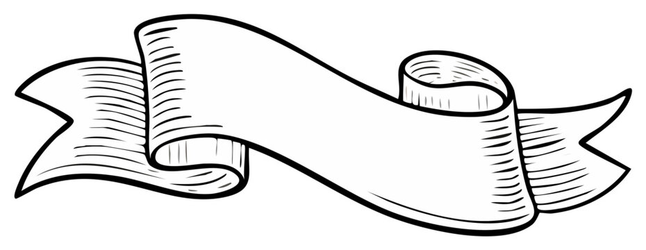 Blank vintage banner vector illustration in black and white with scroll ribbon and engraving style.