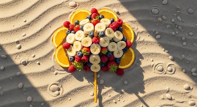 Kreasi salad buah segar dan warna-warni di atas pasir pantai, cocok untuk ide makanan sehat dan menu musim panas yang menyegarkan