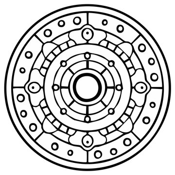 Circular Mandala Design with Concentric Rings and Ornamental Decorations in Black and White