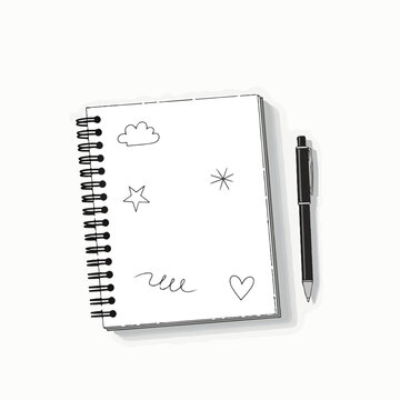 A spiral notebook with doodles and a pen