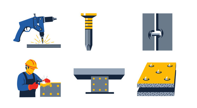 Construction and Industry Icons: Drilling, Bolting, Welding, and Structural Assembly