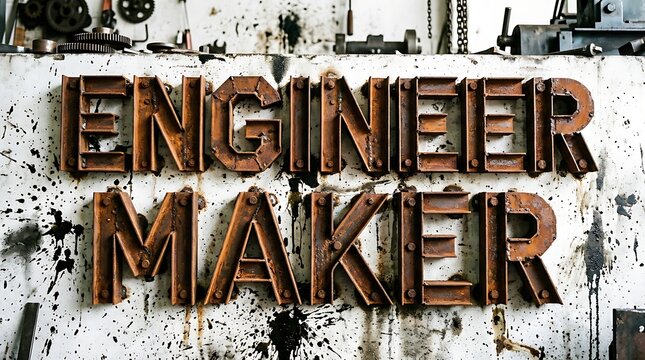 Engineer Maker: A textured wall displays the words Engineer Maker in a bold, industrial font, conveying a sense of craftsmanship and creation.
