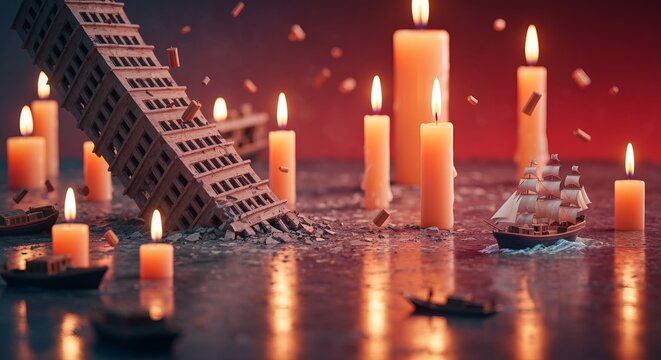 Nostalgic Miniature Leaning Tower, Sailing Ship, Rustic Boat, and Warm Candlelit Scene of Memories