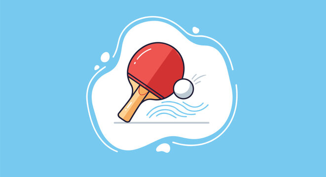 Red table tennis paddle and a white ping pong ball bouncing on a blue abstract background to represent sports, recreation, and active lifestyle.