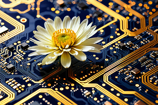White Chrysanthemum Flower Blooming on Dark Navy Circuit Board, Japanese Technology Nature Fusion