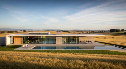 Obraz premium A modern, glass-fronted house with a pool and a view of a vast, open field.