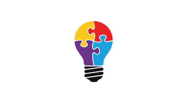 Creative light bulb icon made of four interlocking colorful puzzle pieces representing teamwork collaboration and new ideas.