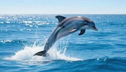 Fototapeta premium A sleek dolphin leaps exuberantly from the blue ocean waves, splashing water high into the air under a bright, sunny sky.